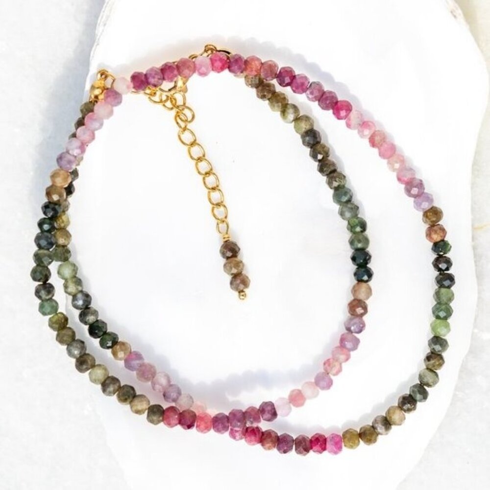 Watermelon Tourmaline Beaded Necklace Pink Green Ombre Gemstone Healing Jewelry - Picture 4 of 16